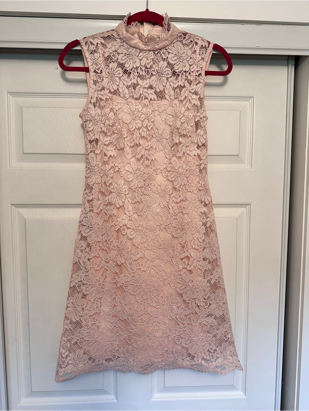 Sleeveless High-Neck Lace Mini Dress in Blush Pink